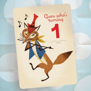 Invitation à la première fête d’anniversaire de bébé, FOX avec flûte, design vintage en tissu d’écorce, invitation à la fête imprimée pour enfants, prêt à expédier / Ensemble de 10