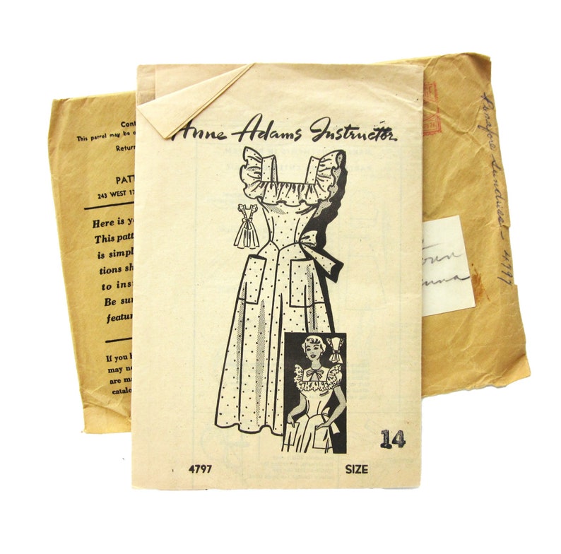 1950s Vintage Sewing Pattern, Pinafore Style Summer Dress with Ruffle Neck and Sleeves, Patch Pockets , Anne Adams Instructor 4797 / Size 14 image 1