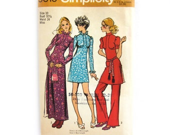 Simplicity 9519, Young Jr Teen MOD DRESS And PANTS, Maxi Dress with High Ruffled Collar, Tunic and Pants, Seventies Sewing Pattern / Size 10