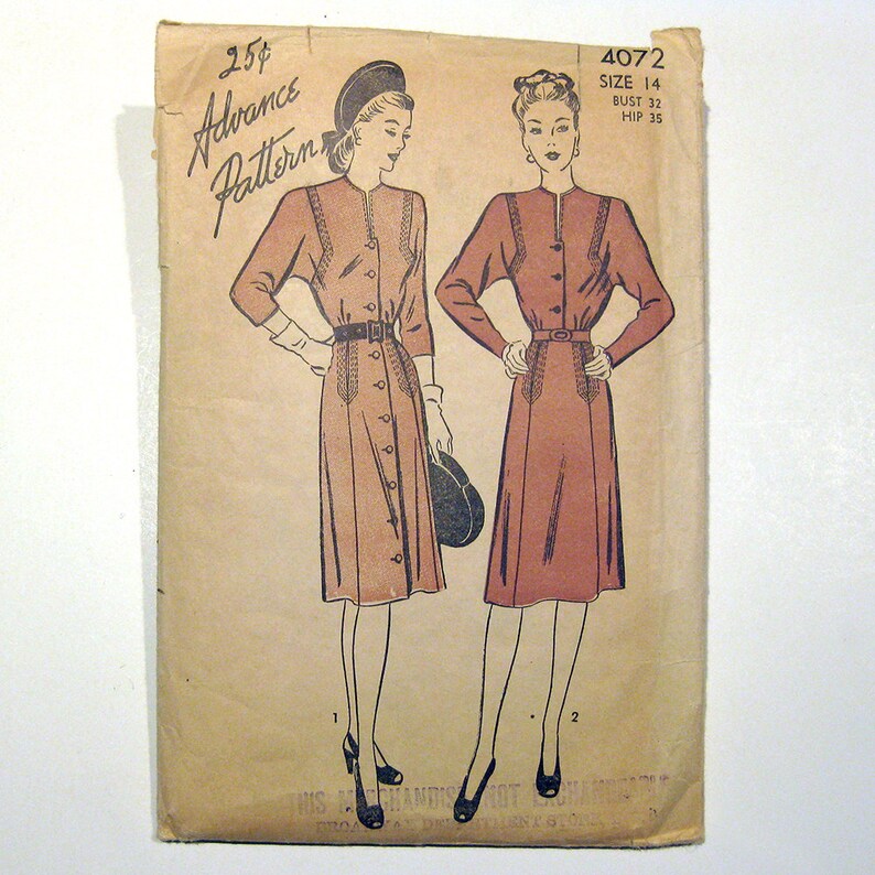 1940s Vintage Dress Pattern Button-Front Dress with Concealed Pockets, War Era Dress, Vintage Sewing, Advance 4072 // Size 14 image 2