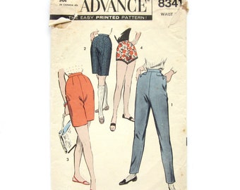 Cigarette Pants Pattern, Short Shorts, Bermuda Shorts, Jamaica Length, Vintage Sewing, Tapered Leg Slacks, Advance 8341 / Waist 30