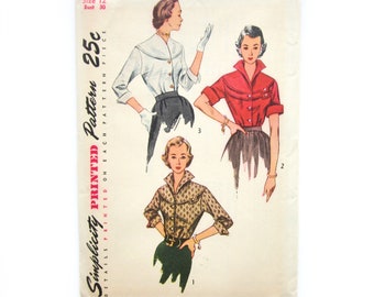 1950s Blouse Pattern, Rockabilly Style Top, Round Yoke Blouse with Turned Up Collar, Three Quarter Sleeve Blouse with Cuffs, Simplicity 3700