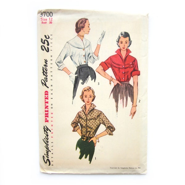 1950er Jahre Bluse Muster, Rockabilly Style Top, Rundpassen Bluse mit Umschlagkragen, Dreiviertelärmel Bluse mit Manschetten, Simplicity 3700