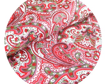 Vintage Paisley Print Cotton Fabric in Red, Pink and Olive, Lightweight Cotton Sewing Fabric, Vintage Yardage