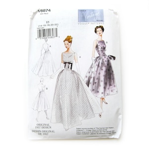 May include: Vintage Vogue sewing pattern for a dress, pattern number V8874, size 14-16-18-20-22. The pattern shows a white dress with black polka dots and a black sash, and a second dress with a floral print.