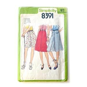 May include: A Simplicity 8391 sewing pattern envelope featuring illustrations of three skirt styles: a floral print skirt, a solid red skirt, and a blue denim-style skirt. The envelope includes text indicating sizes 6 and 8 with waist measurements.