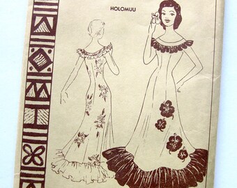 RARE 1950's Polynesian Sewing Pattern No. 107 Misses Long MuuMuu Holomuu Hawaiian Tiki Dress / Size 14 UNCUT