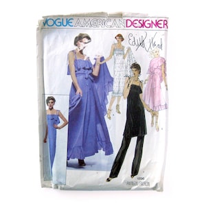 May include: Vogue American Designer sewing pattern 1896 by Edith Head. The envelope features illustrations of various dress and pant outfits with ruffled details, spaghetti straps, and tie closures in blue, white, black, and pink color variations.