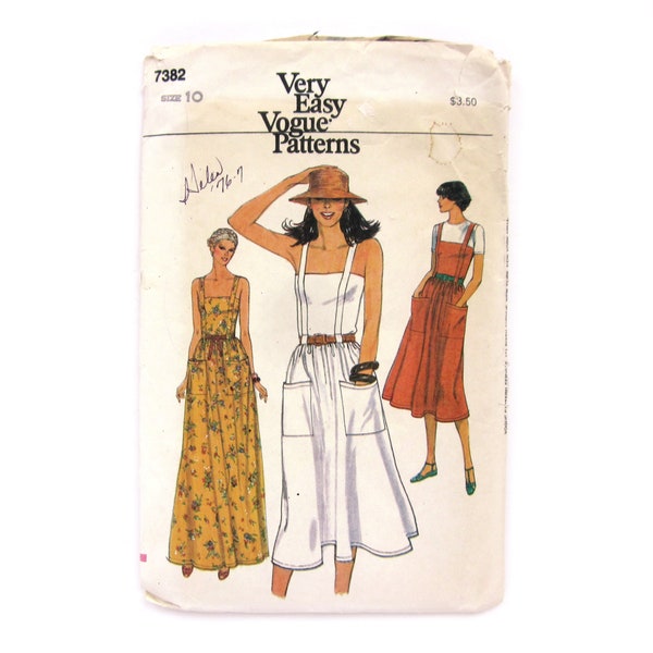 70s Suspender Apron Strap Dress with Patch Pockets, Cottage Core Fit Flare Maxi Sundress, Vintage Sewing Pattern, Vogue 7382