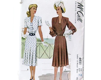 1940s Vintage Sewing Pattern, Button Front Dress with Billowing Sleeves, Vintage Dress Pattern, War Era Dress, RARE McCall 6931 / Size 16