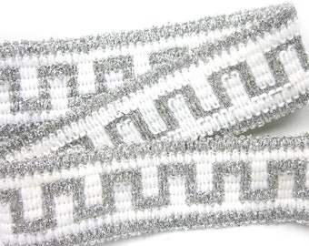 Vintage Grecian Motif Embroidered Trim, Metallic Silver & White Decorative Trim, Knit Trim , Sewing Supplies, Sewing Notions, 3 Yards