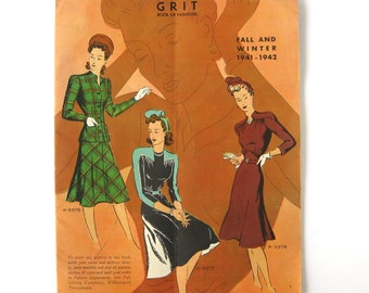 1941-1942 PATTERN Catalog, War Era, Grit Book of Fashions, 24 Pages, Fall and WinterSewing Pattern Designs and Fashion Illustrations