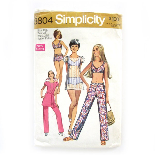 Vintage Sewing Pattern, MOD Mini-Dress, Hip-Hugger Pants and Bathing Suit, Boy Shorts, Bra Top, Beachwear, Simplicity 8804, Seventies Style