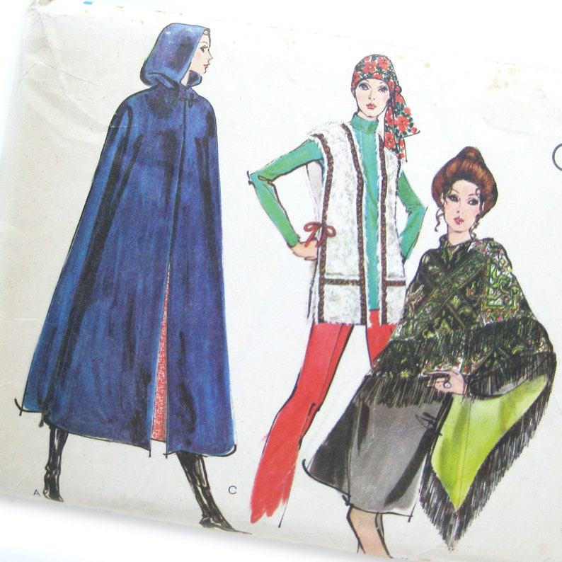 Misses' Hooded Cape, Vest, Shawl Pattern, Vintage Vogue Sewing Pattern, Vogue 7885, Fall Cape, Mod Style, Fringe Shawl, Size Medium image 2