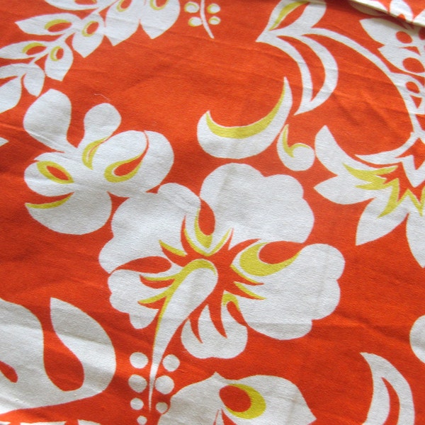 Vintage Tropical Print Cotton Fabric - Aloha Tiki Print Hibiscus Flowers in Bright Orange, Yellow and White