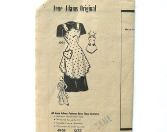 1940s Apron Pattern, Bib APRON with Heart Pocket and Scalloped Hem, Anne Adams Original 4904, Vintage Sewing Pattern, Size Small