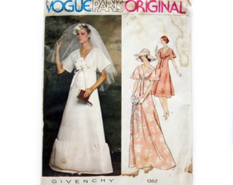 1970s Givenchy Wedding Dress Pattern, Vogue Paris Original, Flutter Sleeves Dress, High Waisted Maxi Dress, A-Line Skirt, Vogue 1363