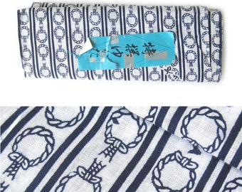 Vintage Japanese Yukata Fabric INDIGO / Japanese Calligraphy / Cotton Fabric / Indigo Blue and White Geometric Print- 14 Inch Wide Yardage