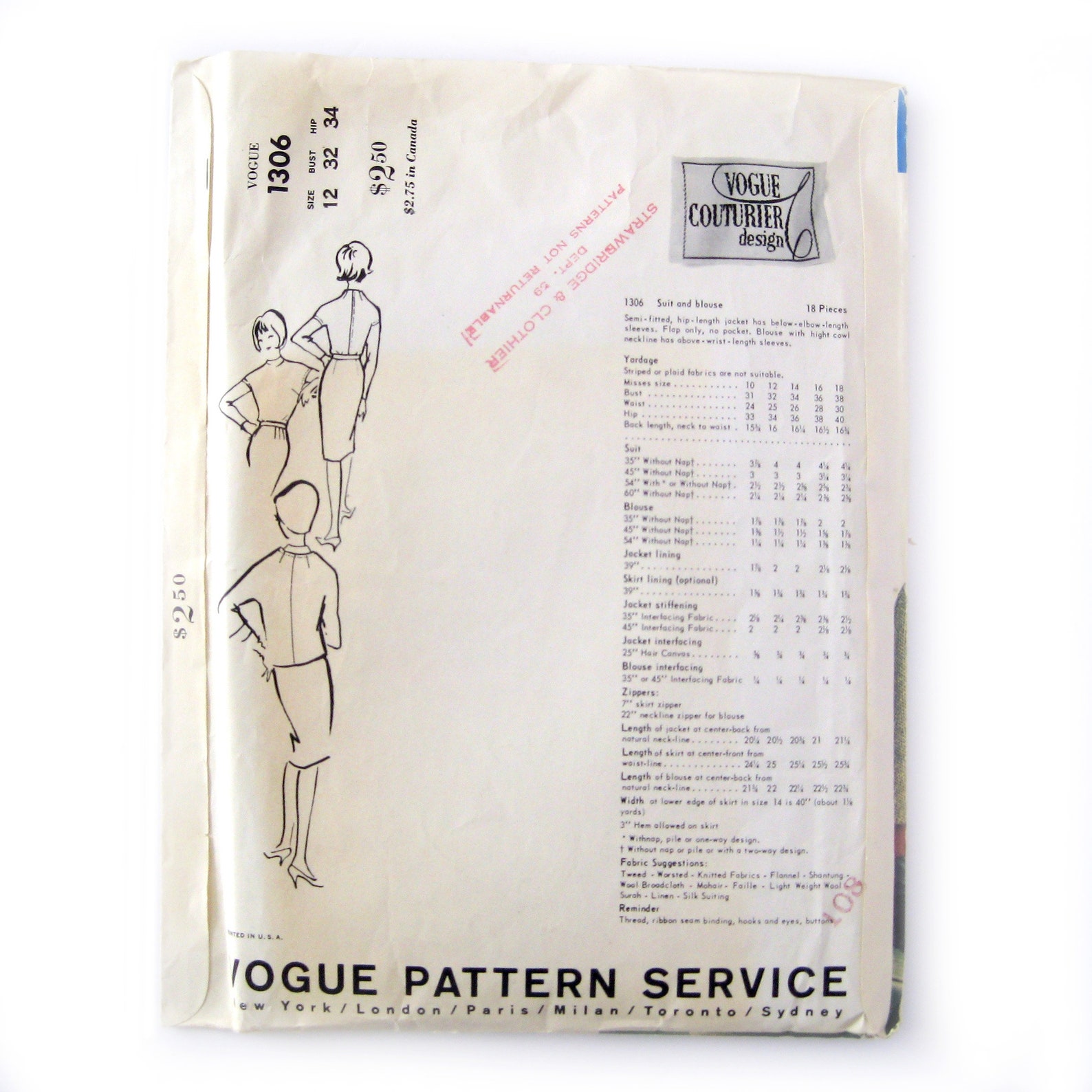 Patron De Robe Vogue Couturier Design 206 - Années 60 - Taille 16 FF Non Découpé