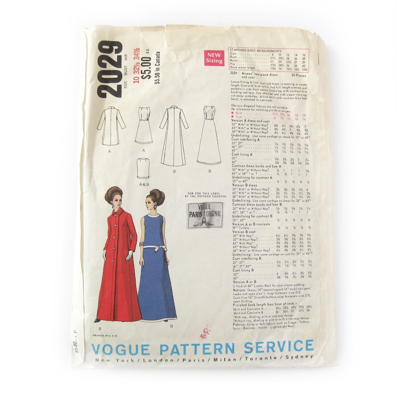 Patron De Couture Vogue Vintage 1968 - Robe & Manteau B32 (1.3cm) - Par Patou - Neuf