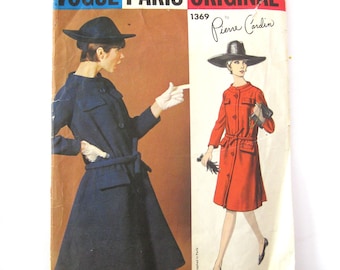 Vogue Paris Original 1369, Pierre Cardin Coat, 60s Mod Designer Coat, Stand Up Collar, Belted Coat, Vintage Sewing Pattern, Outerwear