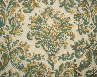 Beautiful Cotton FABRIC - Screen Printed - Metallic Gold and Sage Green - Crisp COTTON