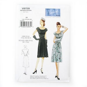 May include: Vintage Vogue sewing pattern for a dress, pattern number V8728, size FF (16-18-20-22). The pattern features two illustrations of women wearing dresses, one in black and one in a floral print. The text "Original 1946 Design" is printed on the pattern.