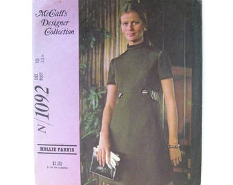 1970 Vintage Sewing Pattern - McCall's Designers N/ 1092 Mollie Parnis Mod Mini-Dress Back Belt and Stand Up Collar / Size 10 UNCUT FF
