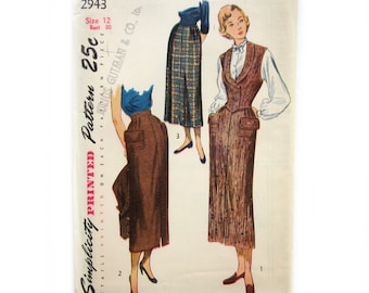 1940s Vintage Sewing Pattern, SKIRT and Double Breasted WESKIT, Wiggle Skirt with Patch Pockets, Simplicity 2943 UNCUT / Size 12