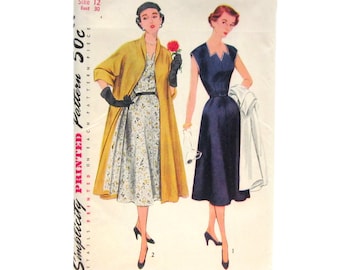 1950s Dress and Swing Coat Pattern, Sleeveless Dress w/ Neckline Detail, Vintage Sewing Pattern, Simplicity 8447 / UNCUT FF Size 12 Bust 30