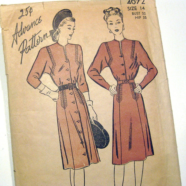 1940s Vintage Dress Pattern Button-Front Dress with Concealed Pockets, War Era Dress, Vintage Sewing, Advance 4072 // Size 14 image 3