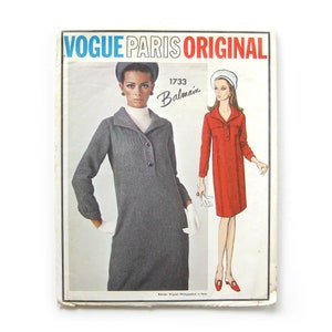 1960s Vintage Vogue Paris Original, Balmain Designer, Slim Shirt-Dress with Standing Dickey Collar, Sewing Pattern / Vogue 1733 / Size 12