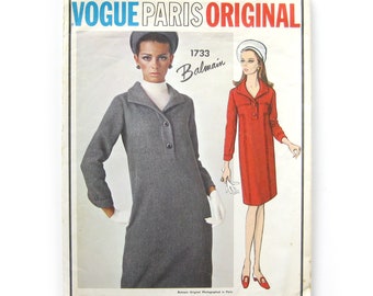 1960s Vintage Vogue Paris Original, Balmain Designer, Slim Shirt-Dress with Standing Dickey Collar, Sewing Pattern / Vogue 1733 / Size 12