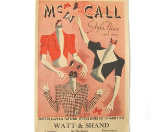 McCall Style News, July 1939 PATTERN Catalog War Era Victory Fashions, 24 Pages of Summer Sewing Pattern Designs and Fashion Illustrations