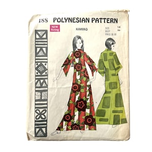 May include: A vintage sewing pattern envelope labeled 188 POLYNESIAN PATTERN KAHIKO, size 14, bust 36. The illustration shows two floor-length dresses: one with a red and white striped floral print and another with a green geometric block pattern.