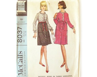Vintage Sewing Pattern, Misses' Robe in Three Versions, High Waist Button Front Robe with Patch Pockets and Ruffle Neckline, McCall's 8037
