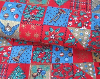 Vintage Christmas Cotton Fabric: Angels, Bells, Gold Metallic - Antique Noel