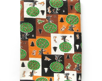 Vintage Novelty Print FABRIC, Cotton Yardage, Whimsical Print, Hunting Rabbits, Orange Brown Green Black, 34" Wide Fabric