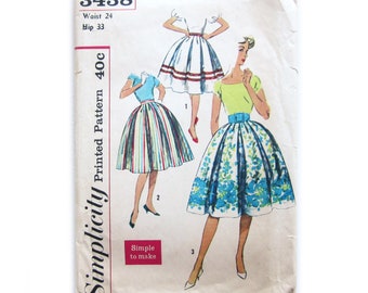 1950s Vintage Sewing Pattern, Set of Full Skirts with Inverted Pleats, Rockabilly Skirt, Simplicity 3438 / 24 Waist