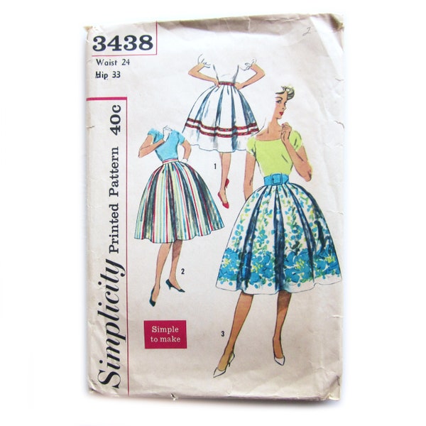 1950s Vintage Sewing Pattern, Set of Full Skirts with Inverted Pleats, Rockabilly Skirt, Simplicity 3438 / 24 Waist