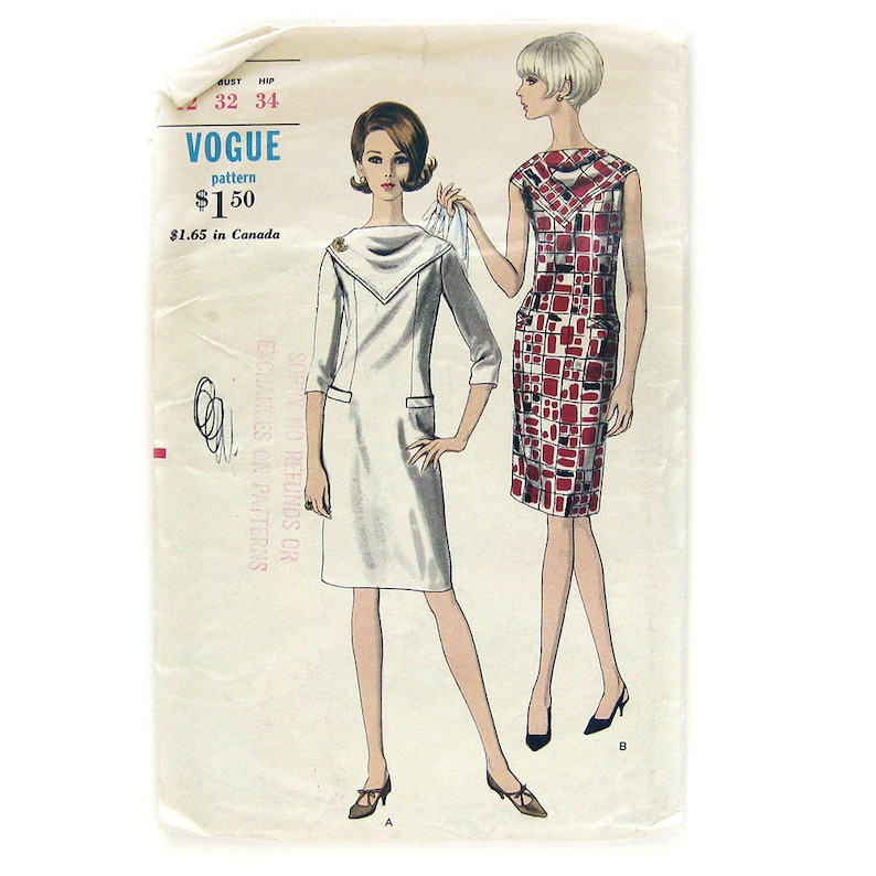 60s MOD Slim Dress Pattern / VOGUE 6693 / Dress with Bias Scarf Yoke Neckline / Vintage Sewing Pattern image 1