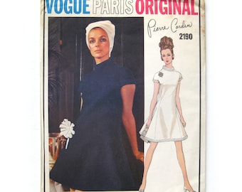 1960s Vintage Vogue Paris Original Sewing Pattern 2190 Pierre Cardin, Mod Flared Dress, Cap Sleeves, Standing Collar / Size 12 Uncut FF