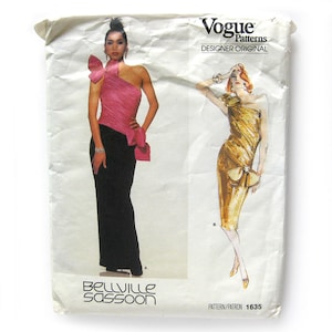 1980s Evening Gown Pattern Vogue Designer Original 1635 Bellville Sassoon, One-Shouldered Cocktail Dress, Size 8