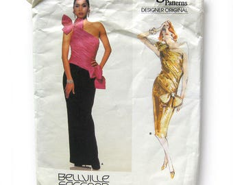 1980s Evening Gown Pattern Vogue Designer Original 1635 Bellville Sassoon, One-Shouldered Cocktail Dress, Size 8
