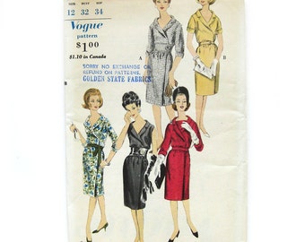 1960s Vintage Vogue Slim Dress Dress with Wrap Skirt and Belt / Vogue 5405 / Size 12 Bust 32 UNCUT FF