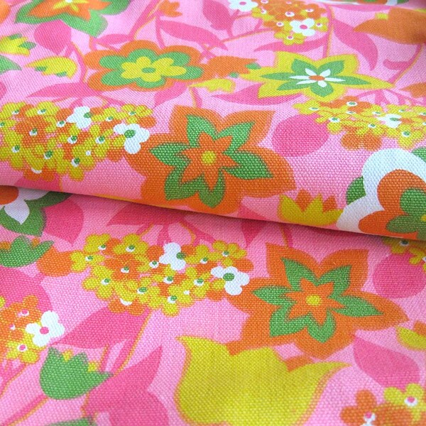 60er Jahre Vintage Cotton Fabric - MOD Bright Floral Print - Hot Pink - Orange - Lime grün - gelb - M. Loweinstein