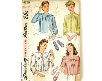 1940s Vintage Sewing Pattern, Bed Jacket and Slippers, Vintage Sleep Wear Lingerie with Lace Trim, Simplicity 4756 / 34 Bust