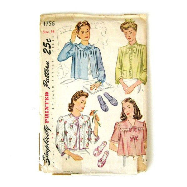 1940s Vintage Sewing Pattern, Bed Jacket and Slippers, Vintage Sleep Wear Lingerie with Lace Trim, Simplicity 4756 / 34 Bust