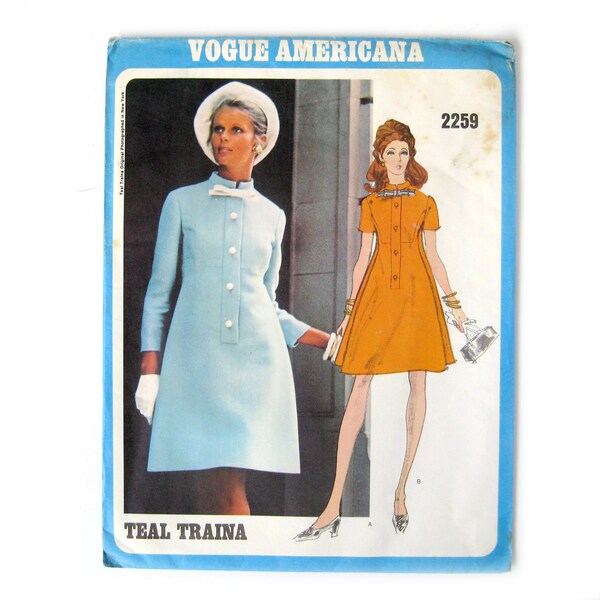 1960s Vintage Vogue Americana 2259, Teal Traina Dress Pattern, Mod DRESS, Designer Fashion, A-Line Dress, Mandarin Collar / Size 12 UNCUT