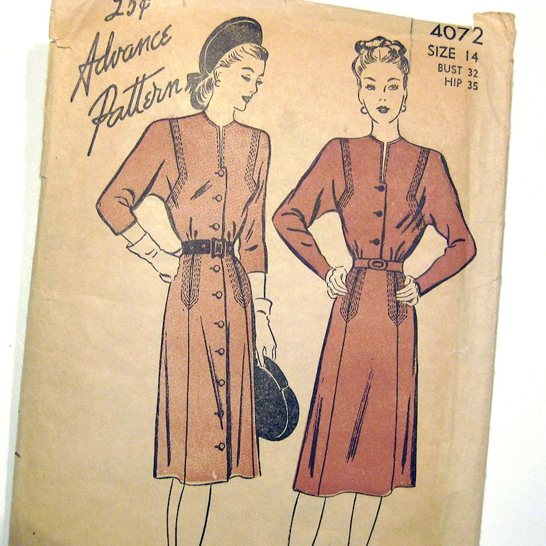 1940s Vintage Dress Pattern Button-Front Dress with Concealed Pockets, War Era Dress, Vintage Sewing, Advance 4072 // Size 14 image 1